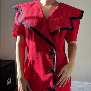 Vintage Coquette Girl Red Polka Dot Button Down‎ V Neck Mini Dress - Medium